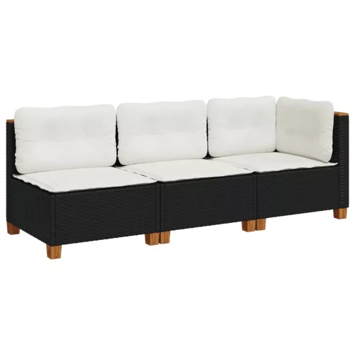 Fekete 3 személyes polyrattan kerti kanapé párnákkal