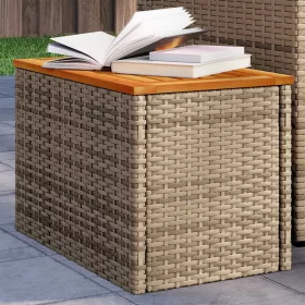   2 db bézs polyrattan és tömör fa kerti kisasztal 55x34x37 cm