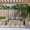 2 db bézs polyrattan és tömör fa kerti kisasztal 55x34x37 cm
