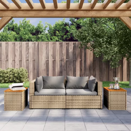 2 db bézs polyrattan és tömör fa kerti kisasztal 55x34x37 cm
