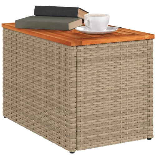 2 db bézs polyrattan és tömör fa kerti kisasztal 55x34x37 cm