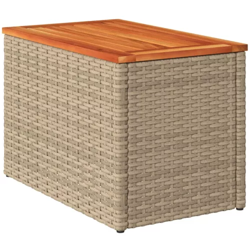 2 db bézs polyrattan és tömör fa kerti kisasztal 55x34x37 cm