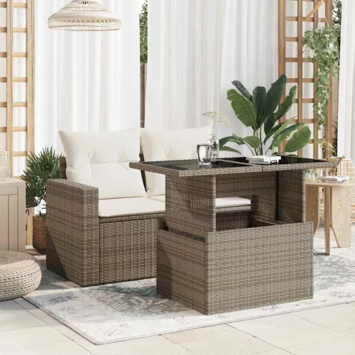 Szürke polyrattan üveglapos kerti asztal 100x55x73 cm