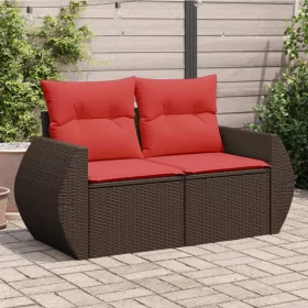 Kétszemélyes barna polyrattan kerti kanapé párnákkal