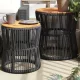 2 db fekete polyrattan kerti kisasztal fa asztallappal