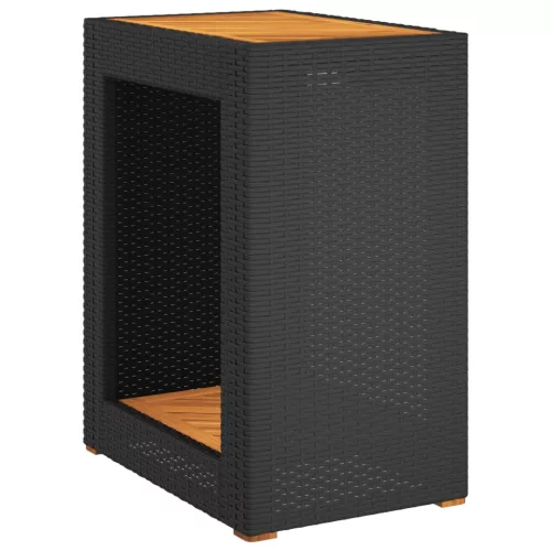 Fekete polyrattan kerti kisasztal fa asztallappal 60x40x75 cm