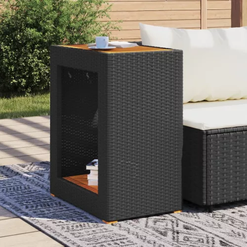 Fekete polyrattan kerti kisasztal fa asztallappal 60x40x75 cm