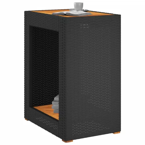 Fekete polyrattan kerti kisasztal fa asztallappal 60x40x75 cm