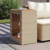 Bézs polyrattan kerti kisasztal fa asztallappal 60x40x75 cm