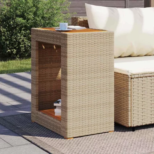 Bézs polyrattan kerti kisasztal fa asztallappal 60x40x75 cm