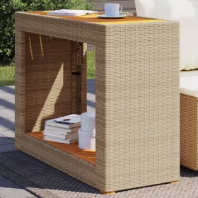   Bézs polyrattan kerti kisasztal fa asztallappal 100x40x75 cm