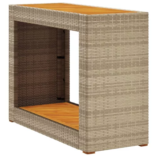 Bézs polyrattan kerti kisasztal fa asztallappal 100x40x75 cm