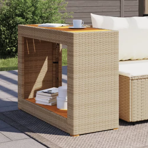 Bézs polyrattan kerti kisasztal fa asztallappal 100x40x75 cm