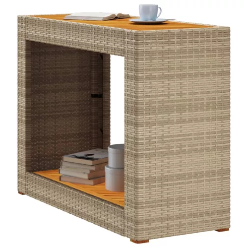 Bézs polyrattan kerti kisasztal fa asztallappal 100x40x75 cm