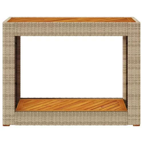 Bézs polyrattan kerti kisasztal fa asztallappal 100x40x75 cm