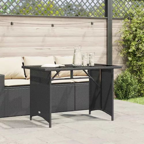 Fekete polyrattan üveglapos kerti asztal 110x68x70 cm