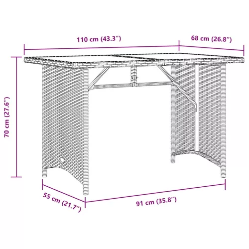 Fekete polyrattan üveglapos kerti asztal 110x68x70 cm