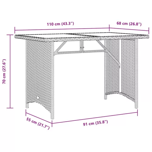 Barna polyrattan üveglapos kerti asztal 110x68x70 cm