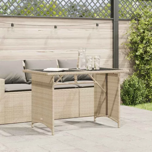 Bézs polyrattan üveglapos kerti asztal 110x68x70 cm