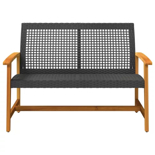 Fekete polyrattan és akácfa kerti pad 112 cm