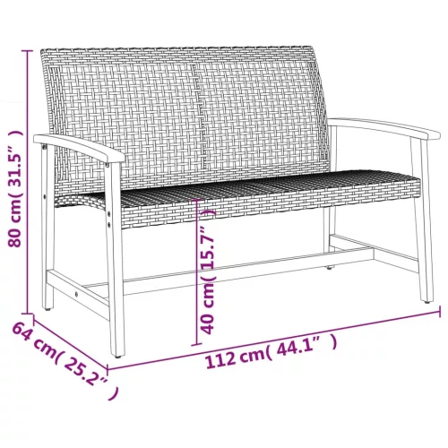 Fekete polyrattan és akácfa kerti pad 112 cm