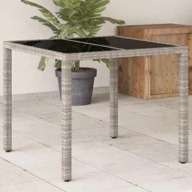   Világosszürke polyrattan üveglapos kerti asztal 90 x 90 x 75 cm