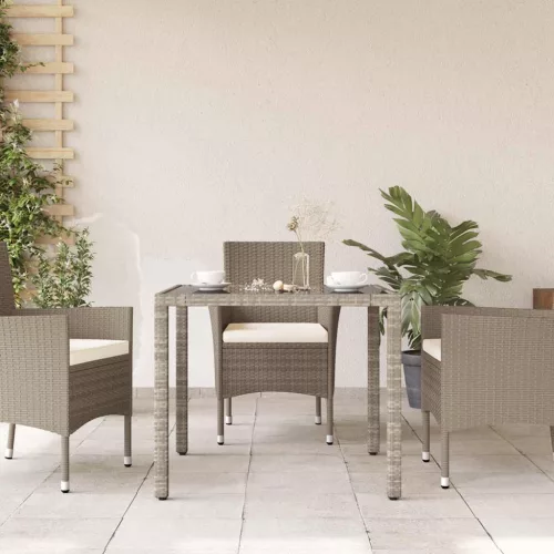 Világosszürke polyrattan üveglapos kerti asztal 90 x 90 x 75 cm