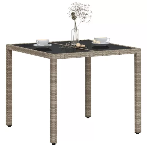 Világosszürke polyrattan üveglapos kerti asztal 90 x 90 x 75 cm