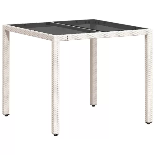 Fehér polyrattan üveglapos kerti asztal 90 x 90 x 75 cm