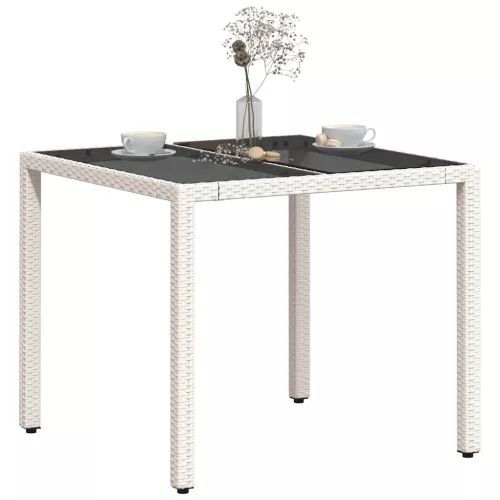 Fehér polyrattan üveglapos kerti asztal 90 x 90 x 75 cm