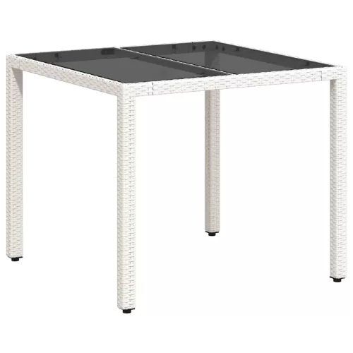 Fehér polyrattan üveglapos kerti asztal 90 x 90 x 75 cm