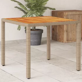 Bézs polyrattan és akácfa kerti asztal 90 x 90 x 75 cm