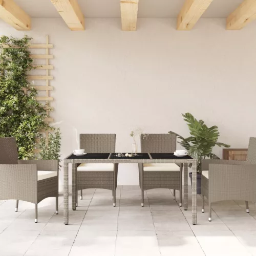 Világosszürke polyrattan üveglapos kerti asztal 150x90x75 cm
