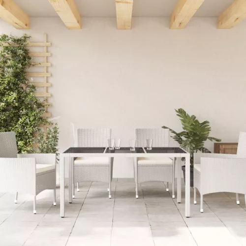 Fehér polyrattan üveglapos kerti asztal 150 x 90 x 75 cm