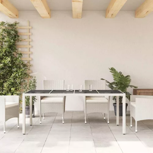 Fehér polyrattan üveglapos kerti asztal 190 x 90 x 75 cm
