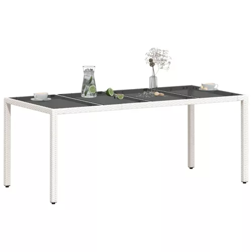 Fehér polyrattan üveglapos kerti asztal 190 x 90 x 75 cm