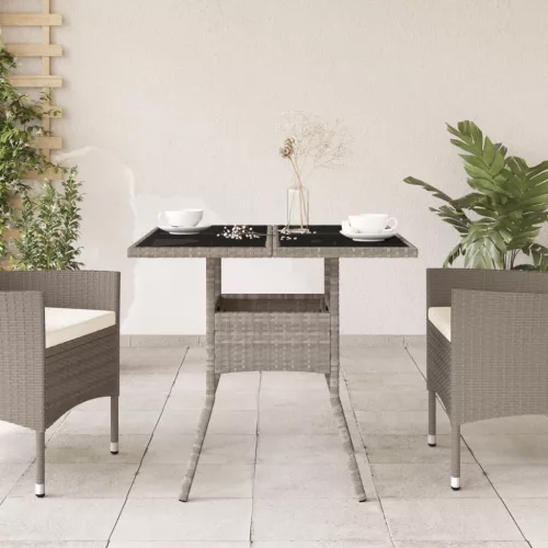 Világosszürke polyrattan üveglapos kerti asztal 80 x 80 x 75 cm