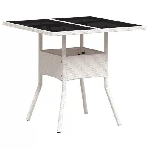 Fehér polyrattan üveglapos kerti asztal 80 x 80 x 75 cm