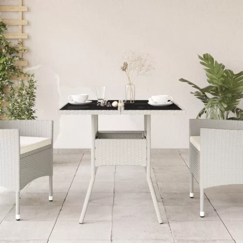 Fehér polyrattan üveglapos kerti asztal 80 x 80 x 75 cm