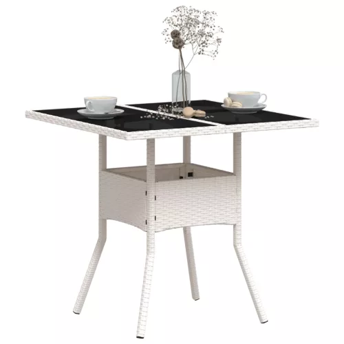 Fehér polyrattan üveglapos kerti asztal 80 x 80 x 75 cm