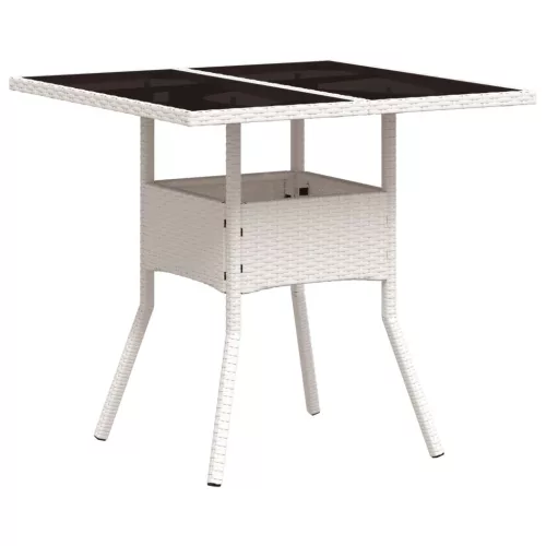 Fehér polyrattan üveglapos kerti asztal 80 x 80 x 75 cm