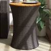 Fekete polyrattan és tömör fa kerti dob alakú kisasztal
