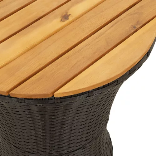 Fekete polyrattan és tömör fa kerti dob alakú kisasztal