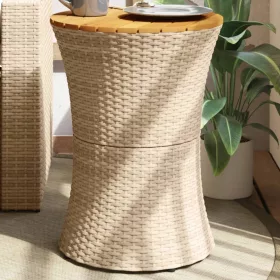 Bézs polyrattan és tömör fa kerti dob alakú kisasztal