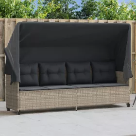   Világosszürke polyrattan napozóágy tetővel és párnával