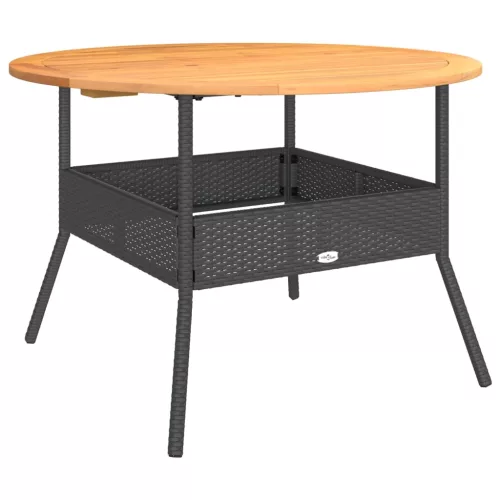 Fekete polyrattan kerti asztal akácfa lappal Ø110 x 71 cm