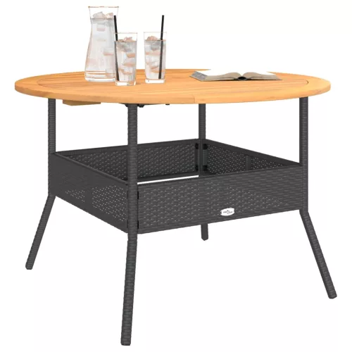 Fekete polyrattan kerti asztal akácfa lappal Ø110 x 71 cm