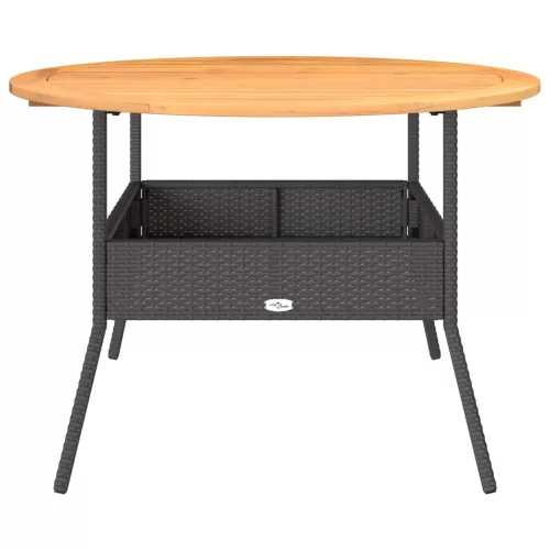 Fekete polyrattan kerti asztal akácfa lappal Ø110 x 71 cm