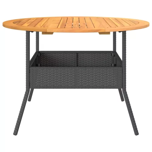 Fekete polyrattan kerti asztal akácfa lappal Ø110 x 71 cm