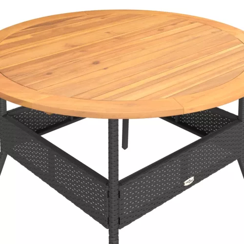 Fekete polyrattan kerti asztal akácfa lappal Ø110 x 71 cm
